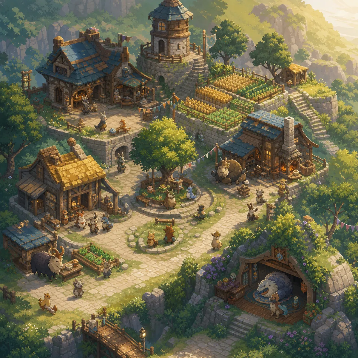 A pixel-art Wildbright town among fields and mountains